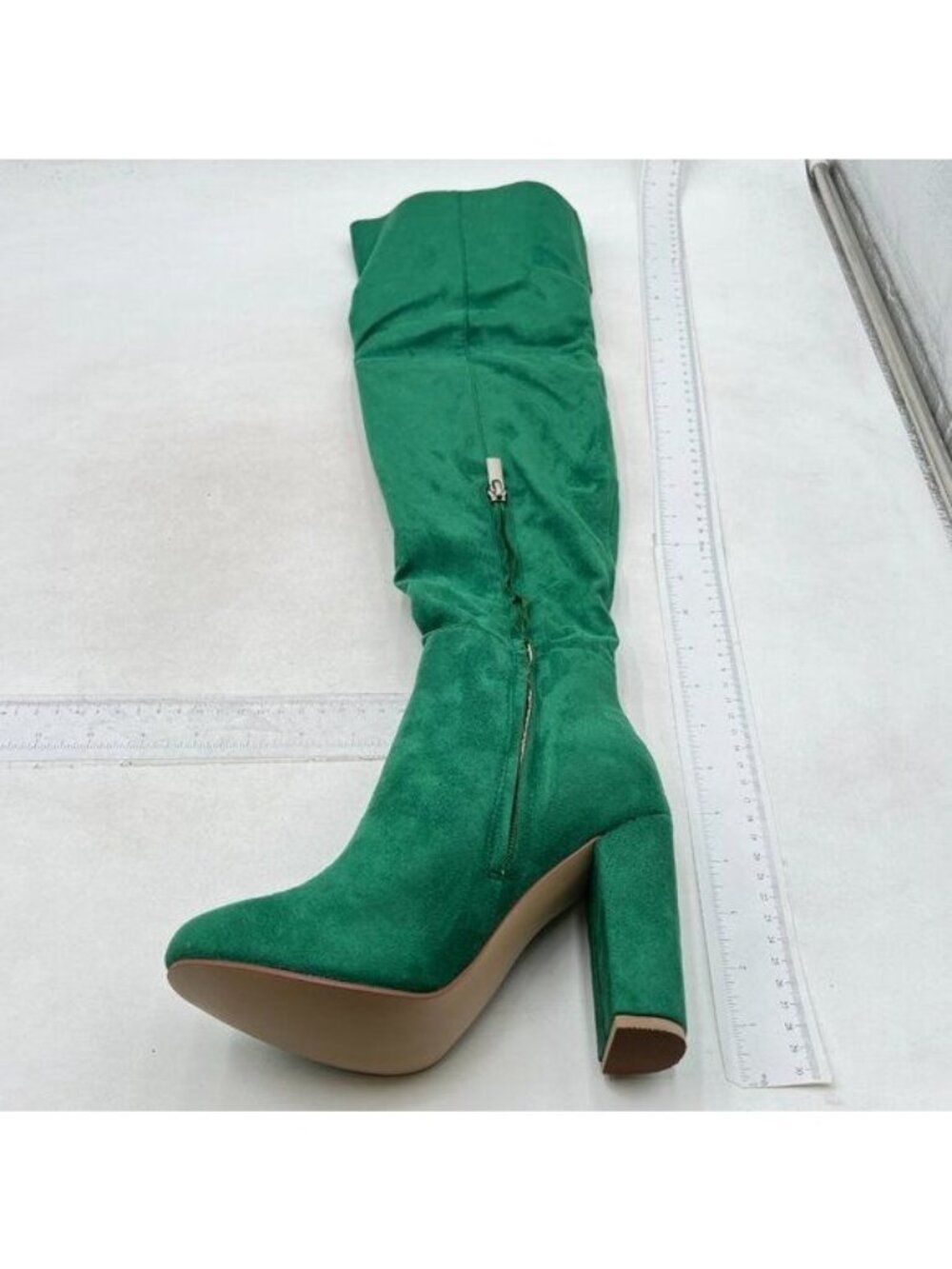 Women Thick High Heel Knee High Long Boots Closed Toe Pull On Faux Suede